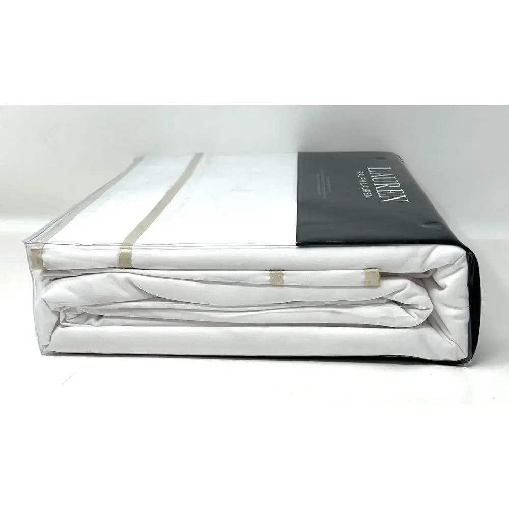 Ralph Lauren Spencer Border Sateen Full Queen Duvet Cover FLAX Tan White NWT New